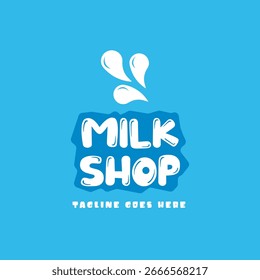 Diseño creativo del logotipo de la tienda de leche con icono de salpicadura, tipografía moderna y fondo azul brillante, perfecto para la marca, el empaque y la identidad comercial de los productos lácteos.