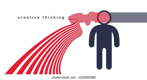 Creative mind brain vector concept in flat trendy design style, stripes goes out of man head symbolizes creative ideas and thinking, artist designer or writer author.