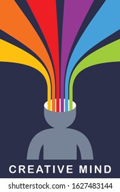 Creative mind brain vector concept in flat trendy design style, colorful rainbow stripes goes out of man head symbolizes creative ideas and thinking, artist designer or writer author.