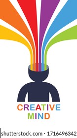 Creative mind brain vector concept in flat trendy design style, colorful rainbow stripes goes out of man head symbolizes creative ideas and thinking, artist designer or writer author.