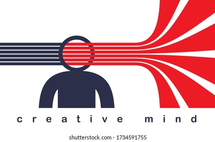 Creative mind brain vector concept in flat trendy design style, stripes goes out of man head symbolizes creative ideas and thinking, artist designer or writer author.