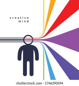 Creative mind brain vector concept in flat trendy design style, colorful rainbow stripes goes out of man head symbolizes creative ideas and thinking, artist designer or writer author.