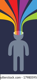 Creative mind brain vector concept in flat trendy design style, colorful rainbow stripes goes out of man head symbolizes creative ideas and thinking, artist designer or writer author.