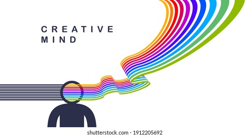 Creative mind brain vector concept in flat trendy design style, colorful rainbow stripes goes out of man head symbolizes creative ideas and thinking, artist designer or writer author.