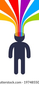 Creative mind brain vector concept in flat trendy design style, colorful rainbow stripes goes out of man head symbolizes creative ideas and thinking, artist designer or writer author.