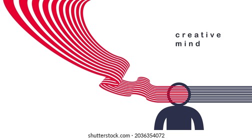 Creative mind brain vector concept in flat trendy design style, stripes goes out of man head symbolizes creative ideas and thinking, artist designer or writer author.