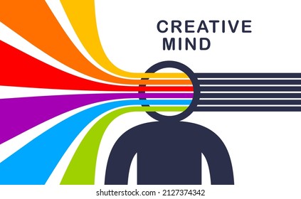 Creative mind brain vector concept in flat trendy design style, colorful rainbow stripes goes out of man head symbolizes creative ideas and thinking, artist designer or writer author.