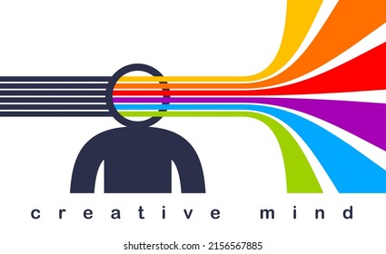 El concepto de vectores cerebrales creativos en un diseño de moda plana, las coloridas rayas de arcoiris salen de la cabeza del hombre simboliza ideas creativas y pensamiento, diseñador artístico o autor escritor.