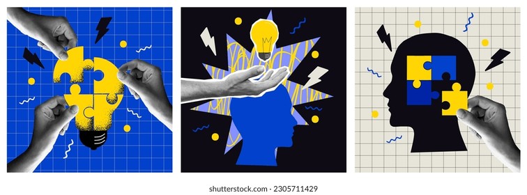 Creative mind, brainstorm. Abstract human head silhouette and hand holding bulb lamp surrounded geometric shapes. Team connecting puzzle symbolized creative idea on blueprint. Vector illustration	