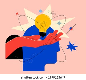 Creative mind or brainstorm or creative idea concept with abstract human head silhouette and hand holding bulb lamp surrounded abstract geometric shapes in bright colors. Vector illustration