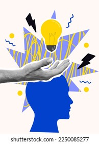 Creative mind or brainstorm or creative idea concept with abstract human head silhouette and hand holding bulb lamp surrounded abstract geometric shapes in bright colors. Vector illustration	 - Shutterstock ID 2250085277