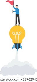 Creative mind or brainstorm or creative idea concept with abstract human head silhouette and hand holding bulb lamp surrounded abstract geometric shapes in bright colors. Vector illustration

