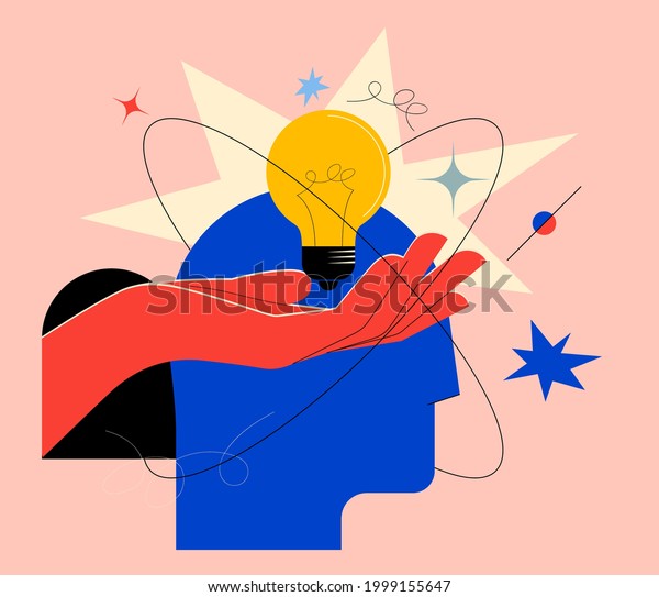 Creative mind or brainstorm or creative idea\
concept with abstract human head silhouette and hand holding bulb\
lamp surrounded abstract geometric shapes in bright colors. Vector\
illustration