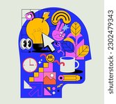 Creative mind or brainstorm or creative idea or learning concept with abstract human head silhouette with bulb lamp surrounded abstract creative shapes in bright colors. Vector illustration