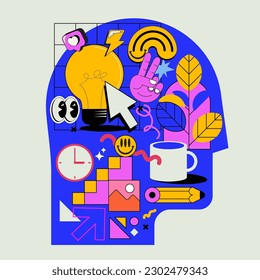 Creative mind or brainstorm or creative idea or learning concept with abstract human head silhouette with bulb lamp surrounded abstract creative shapes in bright colors. Vector illustration