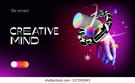Creative mind. Brainstorm or creative idea, smart concept with pixel human hand surrounded abstract geometric shapes. Vector illustration
