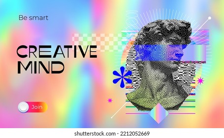 Creative mind. Brainstorm or creative idea, smart concept with pixel David surrounded abstract geometric shapes. Vector illustration