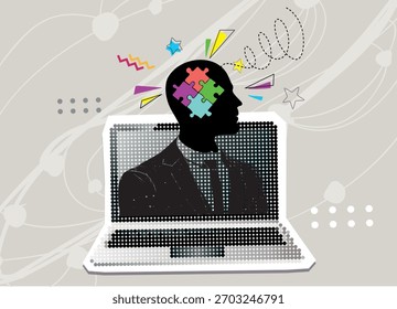 Mente creativa, lluvia de ideas. Persona, hombre de negocios, portátil en pantalla, experto con rompecabezas en lugar de cabeza. rodeado de Formas geométricas. Planificación y gestión para el éxito de negocios, ideas inteligentes y trabajo en equipo.