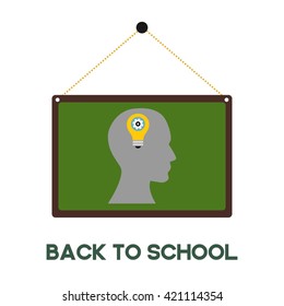 Creative mind bulb concept icon in hanging green board. Back to school typography