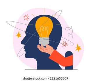 Creative mind concept. Character holding light bulb against next to abstract head silhouette. Creative person, idea and insight, brainstrom. Poster or banner. Cartoon flat vector illustration