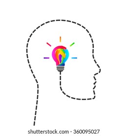 Creative mind concept . Head and profile line made of dash line and lightbulb made of colorful paint strokes.