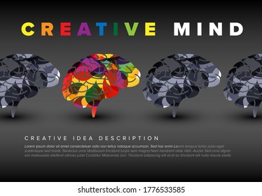 Creative mind concept illustration - diversity brains black and white versus colorful