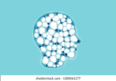 Creative mind concept. Vector of a human head silhouette with bright light bulbs inside 