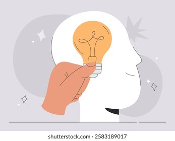 Creative mind finding ideas or learning concept, brainstorm for business. Happy smiling person and hand holding light bulb. Human head silhouette, vector illustration isolated on abstract background