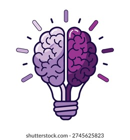 Creative mind illuminated by vibrant purple light bulb showcasing split brain concept with dynamic energy rays and gradient hues for innovative thinking and problem solving