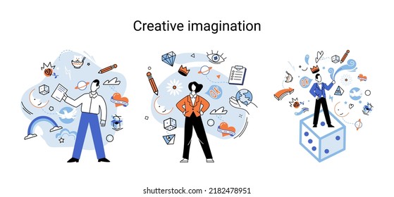 Creative mind, imagination or brainstorm or originative idea concept. Creative imagination. Phantasy space and creativity. Phantasy flow and creativity metaphor, fantasies in mind. Vision development