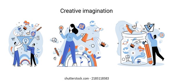 Creative mind, imagination or brainstorm or originative idea concept. Creative imagination. Phantasy space and creativity. Phantasy flow and creativity metaphor, fantasies in mind. Vision development