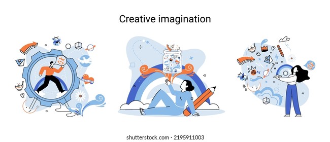 Creative mind, imagination or brainstorm or originative idea concept. Creative imagination. Phantasy space and creativity. Phantasy flow and creativity metaphor, fantasies in mind. Vision