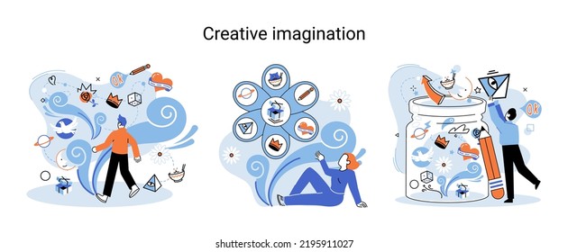 La mente creativa, la imaginación o la lluvia de ideas o el concepto de la idea original. Imaginación creativa. El espacio de fantasía y la creatividad. Flujo de fantasía y metáfora de creatividad, fantasías en mente. Visión