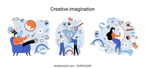 Creative mind, imagination or brainstorm or originative idea concept. Creative imagination. Phantasy space and creativity. Phantasy flow and creativity metaphor, fantasies in mind. Vision