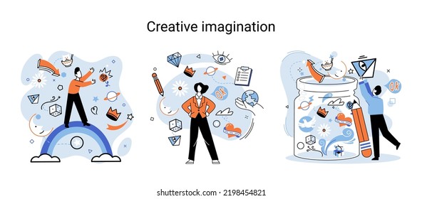 Creative mind, imagination or brainstorm or originative idea concept. Creative imagination. Phantasy space and creativity. Phantasy flow and creativity metaphor, fantasies in mind. Vision development