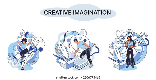 Creative mind, imagination or brainstorm or originative idea concept. Creative imagination. Phantasy space and creativity. Phantasy flow and creativity metaphor, fantasies in mind. Vision development