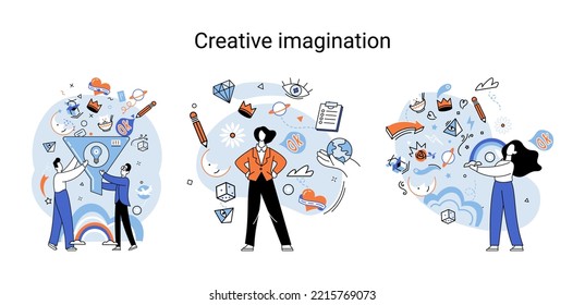 Creative mind, imagination or brainstorm or originative idea concept. Creative imagination. Phantasy space and creativity. Phantasy flow and creativity metaphor, fantasies in mind. Vision development