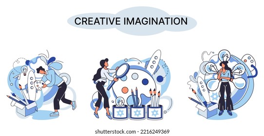 Creative mind, imagination or brainstorm or originative idea concept. Creative imagination. Phantasy space and creativity. Phantasy flow and creativity metaphor, fantasies in mind. Vision development
