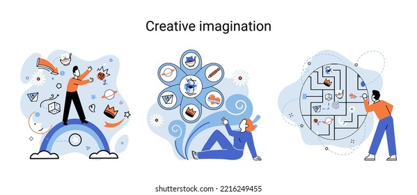 Creative mind, imagination or brainstorm or originative idea concept. Creative imagination. Phantasy space and creativity. Phantasy flow and creativity metaphor, fantasies in mind. Vision development