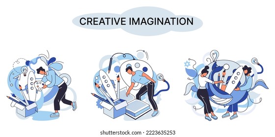 Creative mind, imagination or brainstorm or originative idea concept. Creative imagination. Phantasy space and creativity. Phantasy flow and creativity metaphor, fantasies in mind. Vision development