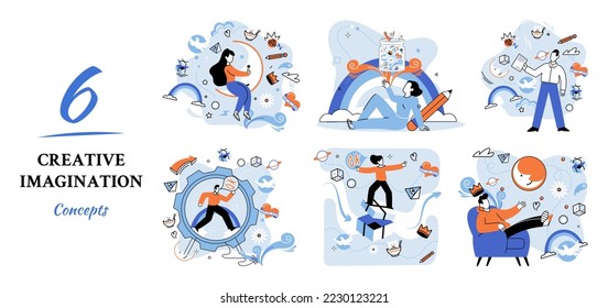 Creative mind, imagination or brainstorm or originative idea concept. Creative imagination. Phantasy space and creativity. Phantasy flow and creativity metaphor, fantasies in mind. Vision development