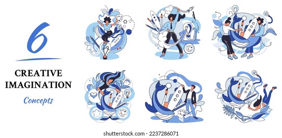 Creative mind, imagination or brainstorm or originative idea concept. Creative imagination. Phantasy space and creativity. Phantasy flow and creativity metaphor, fantasies in mind. Vision development