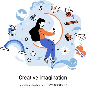 Creative mind, imagination or originative idea concept. Phantasy space and creativity. Dreamy girl sitting on moon. Vision development, creative thinking fantasy, motivation, inspiration, daydreaming