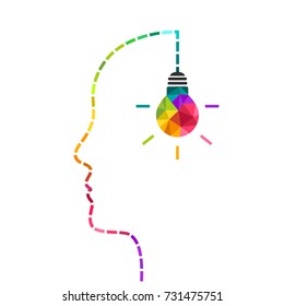 Creative mind and innovation concept with colorful light bulb and dotted line