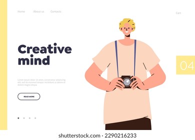 Creative Mind-Landing-Page-Vorlage mit lächelnden Fotografen mit brillanter Idee zum Fotografieren