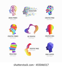 Creative mind, learning and design icons. Man head, people symbols. Vector illustration