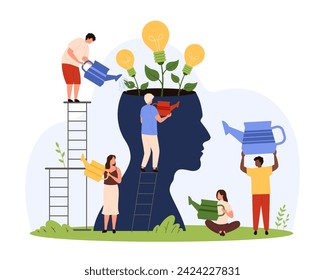 Creative mind, personal growth and ideas development. Tiny people grow and water light bulb trees inside intelligent human brain, change thoughts and vision with knowledge cartoon vector illustration