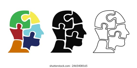 Creative Mind Puzzle - Multicolored, Silhouette, and Outline Head Icons. Multifaceted Human Mind Concept - Vibrant Puzzle Pieces