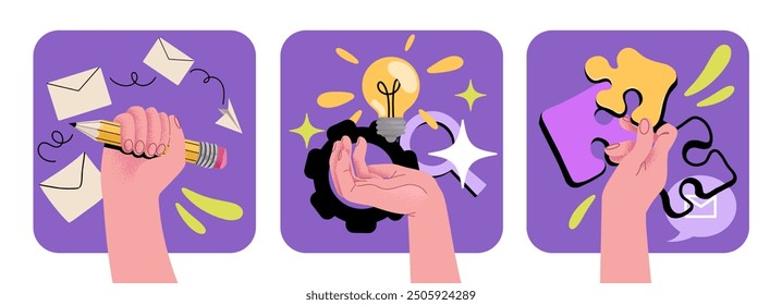 Creative mind, thinking, innovation, brainstorm or creative idea concept. Set of banners with hands holding glowing light bulb, puzzle and pencil. 