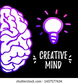 Creative mind vector banner design. Colorful handdrawn Brain and light bulb isolated on black background.Design template for business cards,apps and websites.Illustration isolated on black background